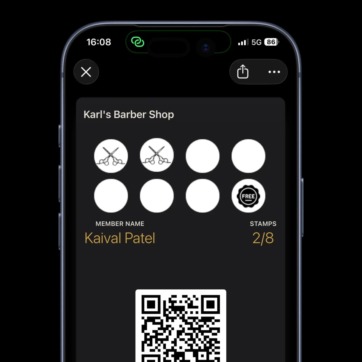 KN Loyalty app on iPhone showing stamp card and push notification