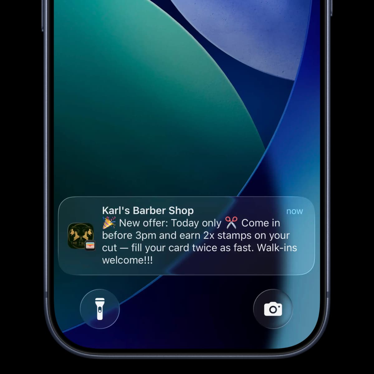 iPhone lock screen showing a push notification from a loyalty card
