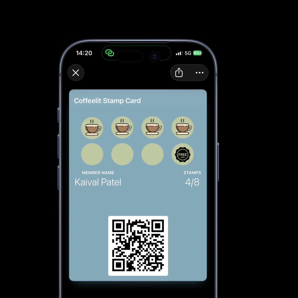 Apple Wallet loyalty stamp card showing Coffeelit stamp card for Kaival Patel